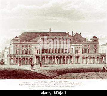 Könige/King's Theatre, Haymarket in London. Bildunterschrift liest "das Theater durch einen Brand zerstört, 17. Juni 1789, umgebaut von Michael Novosielski Esq im Jahre 1790 durch das Drury Lane Unternehmen eröffnet wurde, während ihr Theater Wiederaufbau wurde im März desselben Jahres. Die gegenwärtige Höhe nach einem Entwurf von John Nash Esq im Jahr 1819 abgeschlossen wurde. "Pub 27. Sept, 1820 von Robert Wilkinson. Stockfoto