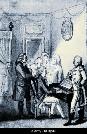 Wolfgang Amadeus Mozart am Klavier spielen zu seinem Salzburger Freunden. 1780 von Schutz. Mozart: österreichische Komponist, 1756-1791 Stockfoto