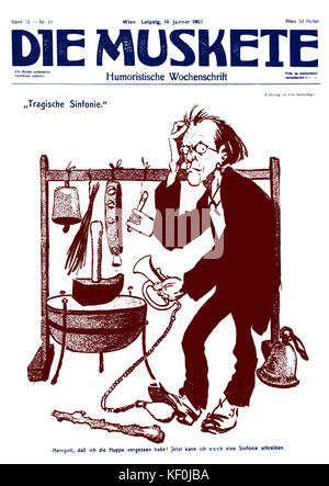 Gustav Mahler Karikatur über 1. Vorstellung von Mahlers 6. Sinfonie vom Die Muskete zum 19. Januar 1907. Bildunterschrift lautet "Tragische Sinfonie" (linke obere Ecke) "hergott, das ich sterben Huppe vergessen haben! Jetzt kann ich noch eine Sinfonie schreiben'. (Gute gnädig! Fancy verlassen Sie den Motor Horn! Ah gut, jetzt habe ich eine Ausrede für einen anderen Symphony" schreiben. Stockfoto