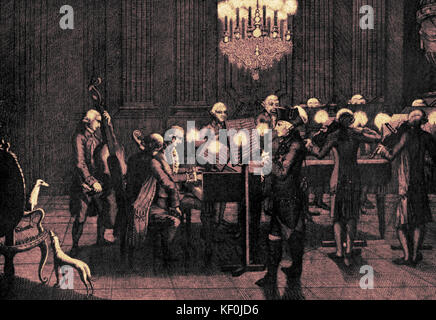 Flöte Konzert am Hof Friedrichs des Großen von Chodowiecki. Friedrich der Große spielt Flöte frühen Orchester. Clavichord. Stockfoto