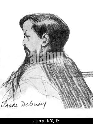 Claude Debussy - Zeichnung Portrait von Henry Detouche, Anfang des 20. Jahrhunderts. CD: der französische Komponist, 22. August 1862 - 25. März 1918. Stockfoto