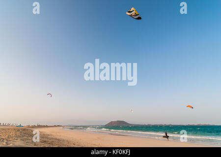 Personen, Kite Surfen am Strand, Parque Natural de las Dunas de Corralejo, Fuerteventura, Kanarische Inseln, Spanien Stockfoto