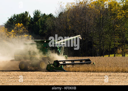 Ein Mähdrescher Ernten von Sojabohnen an einem schönen Herbsttag im ländlichen Sauk County, Wisconsin. Stockfoto