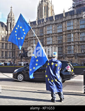 London, Großbritannien. 25. Oktober 2017. Eine einsame Anti-brexit Demonstrant Wellen zwei europäische Flaggen außerhalb der Häuser des Parlaments in London. Credit: Brian minkoff/alamy leben Nachrichten Stockfoto