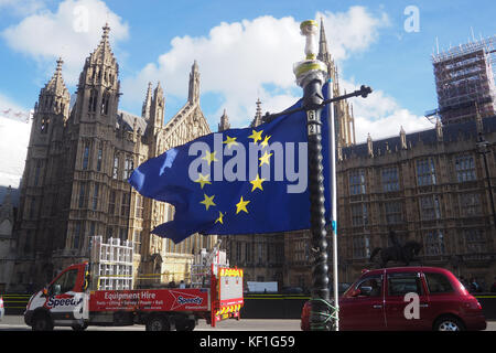 London, Großbritannien. 25. Oktober 2017. Eine einsame Anti-brexit Demonstrant Wellen zwei europäische Flaggen außerhalb der Häuser des Parlaments in London. Credit: Brian minkoff/alamy leben Nachrichten Stockfoto