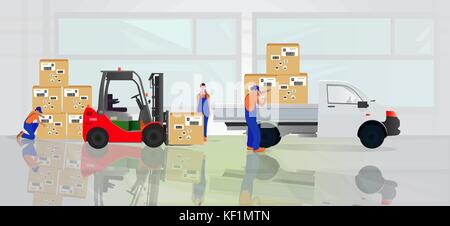 Professionelle Mitarbeiter in spezielle Kleidung die Waren im Lager mit einem Gabelstapler laden. Marketing Services. Vector Graphics Stock Vektor