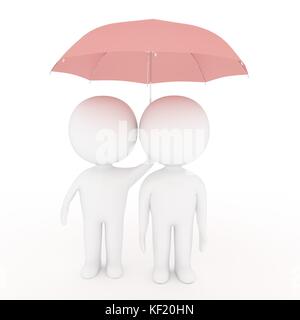 Kleine weiße Menschen Liebhaber halten rosa Regenschirm auf isolierten weißen Hintergrund im 3D-Rendering Stockfoto