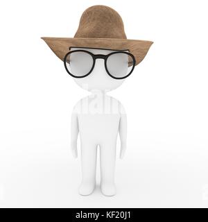 Weißer cowboy Mann mit Brille und Hut auf Weiß in 3D Rendering isoliert Stockfoto