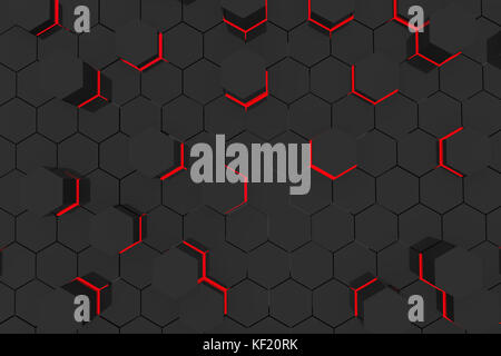 Rotes Licht abstrakt Hintergrund in Schwarz Sechsecke geometrischen 3D-Rendering Stockfoto