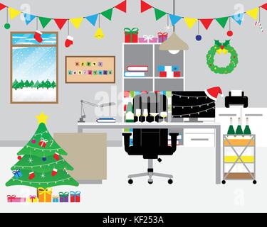 Vector Illustration von Merry Christmas Party Dekoration im Büro, Arbeitsplatz, Wimpel, stopft, Kranz, Baum, Lichter, Geschenkboxen, Champagner Stock Vektor