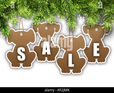Tapete mit Tannenzweigen und Aufkleber Hund, Verkauf tags, Angebote, Rabatte Stock Vektor