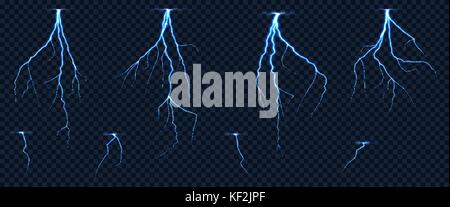 Realistische blitze Zig Zag auf karierten transparenten Hintergrund. thunderstorm Streik, elektrischen Schlag. Stock Vektor