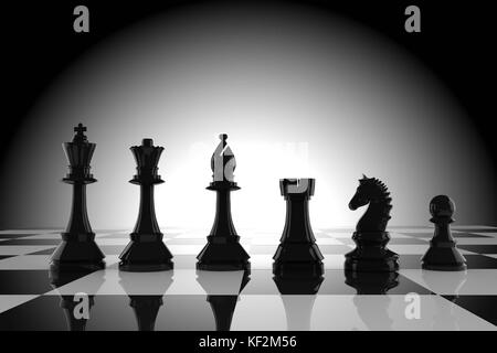Schwarze Schachfiguren an Bord in 3-D-Rendering Stockfoto