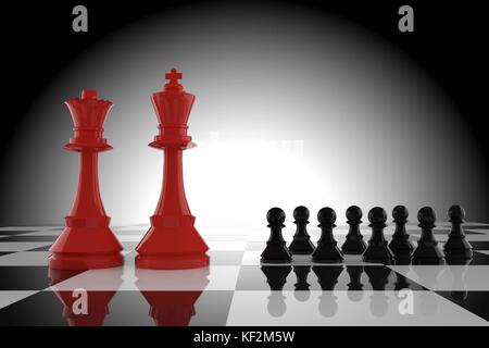 Führung der Rote König und Königin Schach mit schwarze Bauer in 3D-Rendering Stockfoto
