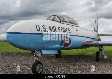 Nahaufnahme Foto eines T-33 eine zwei-sitzigen Jet trainer Flugzeuge für die United States Air Force und Lieferung an ausländische Luftstreitkräfte unter dem Militär als Stockfoto