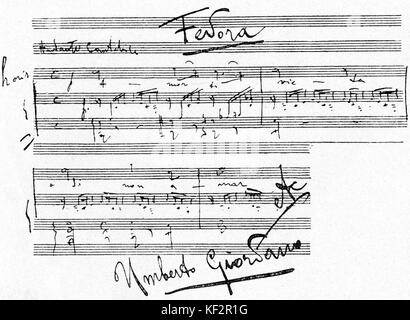 Fedora - Manuskript Seite mit Autogramm des Komponisten Umberto Giordano. UG: die italienische Oper Komponist, 28. August 1867 - 12. November 1948 Stockfoto