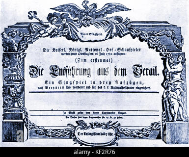 Mozarts Oper Il Seraglio/Die Entfuhrung aus dem Serail, Wien theater Ankündigung der Premiere am 16. Juli 1782. Österreichische Komponist Wolfgang Amadeus Mozart vom 27. Januar 1756 - vom 5. Dezember 1791. Die Entführung aus dem Serail. Il Seraglio Stockfoto