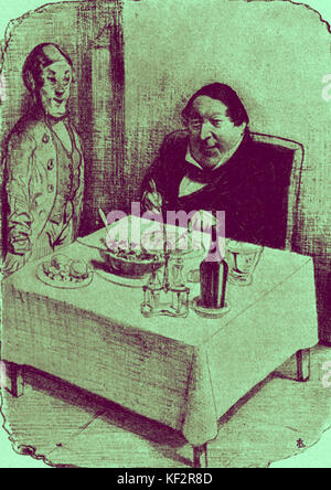 Gioachino Rossini, Karikatur (Pub. August 1864) "Matti di Quei Pesari so Sohn pensati d'innalzarmi una Statua... Eh!... se mi avessero piuttosto Mandato un Paio di mortadelle! ... (Rossini bevorzugt Mortadella zu einer Statue). Italienischer Komponist (1792-1868). Auch Gioacchino Stockfoto