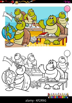 Cartoon Illustration von Schildkröten Tier Zeichen im Klassenzimmer in der Schule Malbuch Aktivität Stock Vektor