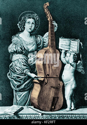 Die SAINT CECILIA - Spielen der Viola 7 Streichinstrumente Viola da Gamba. Engel holding Musik teil-Buch. Recorder auf Tisch. Malerei aus dem 17. Jahrhundert. Der barocken, römischen Märtyrer, dem Schutzpatron der Musik Stockfoto