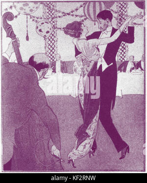 Tanzen - TANGO Lithographie zeigt Paar tanzt den Tango im Ballsaal. Musik, gespielt auf Kontrabass 1920 s Stockfoto