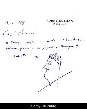 Giacomo Puccini - Brief von La Rondine Zeitraum. Von Puccini mit Karikatur von seinem Kopf unterzeichnet. 18. Oktober 1915 in Torre del Lago, Toscana, Italien datiert. Liest: 'Dear Adami, die Zeit vergeht - die Fässer rollen. Ich wollte zu beenden - Sie wissen es. Was ist damit? Ihr…" italienische Komponist: 22. Dezember 1858 - vom 29. November 1924. Stockfoto