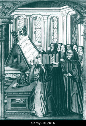 Johannes Ockeghem am Rednerpult, Gravur 1537. Ockeghem ist dritter von links, Brille trägt. Flämische Komponist (1420-1497). Stockfoto