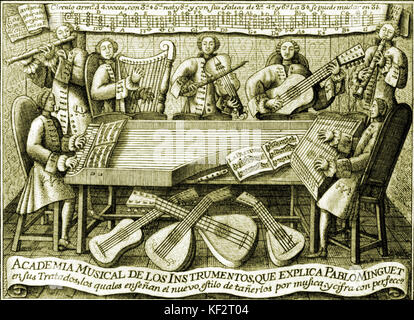Spanische musikalischen Abhandlung, 1752. 'Regeln und Tipps für das Spielen von allen die besten Musikinstrumente" - Abhandlung in Spanisch von Pablo Minguet y Yrol, 1752 mit Gitarre, ciltarone, Cembalo, Flöte, Harfe, Blockflöte, Gambe, Laute. Stockfoto