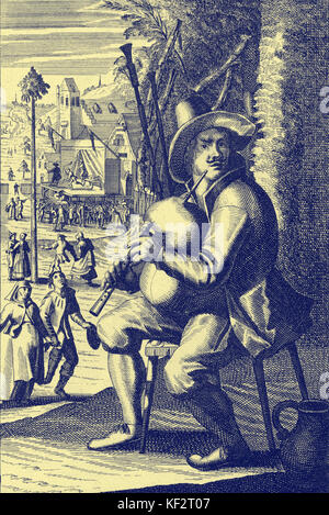 Anfang des 18. Jahrhunderts Gravur von Mann mit Dudelsack. Kupferstich von J C Weigel (1661-1726). Dudelsack und Dudelsackspieler Stockfoto