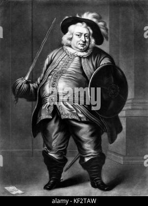 James Quin als Sir John Falstaff, einen Charakter erstellt von William Shakespeare. Original Mezzotinto durch James McArdell. JQ: Englischer Schauspieler, 24. Februar 1693 – 21. Januar 1766. WS: Englischer Dichter und Dramatiker getauft 26. April 1564 – 23. April 1616. Stockfoto