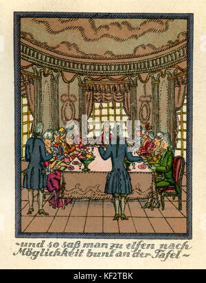 Mozarts Reise nach Prag, 1856. Fiktive Konto von Mozarts Reise mit seiner Frau Constanze im Herbst 1787 nach Prag, wo seine Oper Don Giovanni war auf Premiere. Bildunterschrift lautet: ' und so saß man zu Elfen / Möglichkeiten bunt [an der Tafel' und so saßen sie wie Elf, so farbenprächtig war es möglich, am Tisch']. Mozart und Constanze beim Abendessen im Schinzberg Manor House. EM: Deutsche romantische Dichter und Autor, 8. September 1804 - vom 4. Juni 1875. WAM: Österreichischer Komponist, 27. Januar 1756 - vom 5. Dezember 1791. Stockfoto