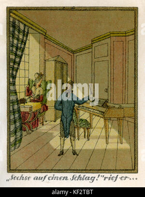 Mozarts Reise nach Prag, 1856. Fiktive Konto von Mozarts Reise mit seiner Frau Constanze im Herbst 1787 nach Prag, wo seine Oper Don Giovanni war auf Premiere. Bildunterschrift lautet: die Echse auf einen Schlag!" rief er…" [ix in einem Schuß!" rief er.] Auf dem Weg nach Prag, die Mozarts sind des Grafen von Schinzberg abgefangen und eingeladen, an seinem Anwesen zu bleiben. EM: Deutsche romantische Dichter und Autor, 8. September 1804 - vom 4. Juni 1875. WAM: Österreichischer Komponist, 27. Januar 1756 - vom 5. Dezember 1791. Stockfoto