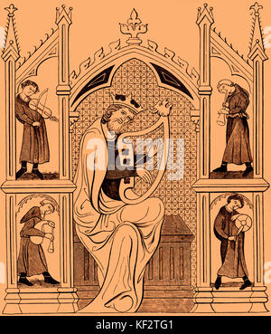 König David spielen eine Lyra, umgeben von vier weiteren Musikern spielt eine Vielzahl von Instrumenten, einschließlich der Dudelsack, die Trommel, ein Lira und eine Trompete, aus dem dreizehnten Jahrhundert. David ist oft mit Musik in biblischen Texten verbunden ist und als "Liebling der Lieder Israels" bezeichnet. Stockfoto
