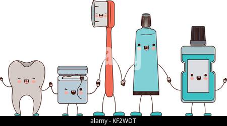 Zahn und Zahnseide und Zahnbürste und Zahnpasta und Mundwasser in Cartoon Hände halten in bunten Silhouette Stock Vektor