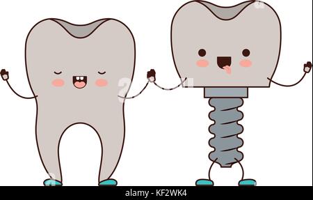 Zahn und Zahn mit Schraube Implantat und halten sich an den Händen in Cartoon bunte Silhouette Stock Vektor