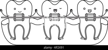 Zahn Zeichentrickfilm über Gummi und Hände mit Zahnspangen in Schwarzweiß Silhouette Stock Vektor