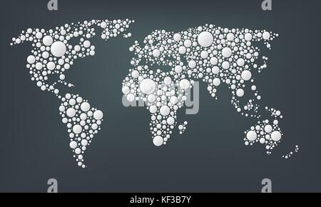 Design einer Punkte Karte der Welt. abstract Karte Welt große weiße, runde Punkte auf einem dunklen Hintergrund isoliert. dots Stil. Vektor illustratio Stock Vektor