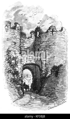 1890: ein Pferd und Wagen verlassen durch das obere Tor in der Stadtmauer, ein mittelalterliches defensive Struktur rund um die Stadt von Conwy in Nordwales. Die Wände waren zwischen 1283 und 1287 nach der Gründung von Conwy von Edward I und wurden entwickelt, um ein integriertes System der Verteidigung neben Conwy Castle in Form gebaut. Stockfoto