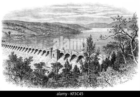 1890: Lake Vyrnwy ist ein Stausee in Powys, North Wales, in den 1880er Jahren Liverpool mit frischem Wasser zu versorgen. Sie überflutet die Leiter der Vyrnwy Tal und versenkt das Dorf Llanwddyn. Dam Bau begann 1881 und wurde im Jahr 1888 der erste große Stein Stausee im Vereinigten Königreich abgeschlossen. Stockfoto