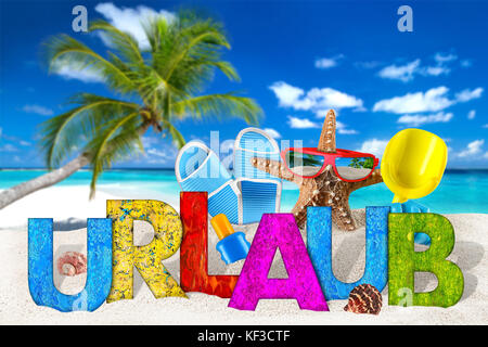 Übersetzung des deutschen Wortes Urlaub/Ferienhäuser Schriftzug und Strand Zubehör Zubehör auf Sand vor Coco Palm auf tropischen Paradies Insel Traum sein Stockfoto