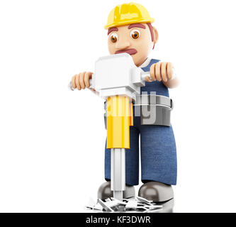 3d-Abbildung. Arbeiter mit einem Presslufthammer arbeitet an einem Bau. isoliert weißer Hintergrund. Stockfoto