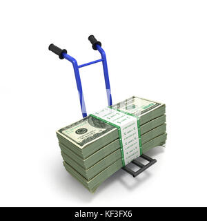Konzept der cash Transport, Geld Dollarscheine Stapel an Hand Trolley isoliert auf weißem Stockfoto