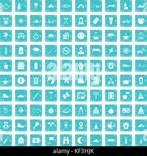 100 Family Camping Icons Set grunge Blau Stock Vektor