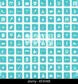 100 Familie Tradition Icons Set grunge Blau Stock Vektor