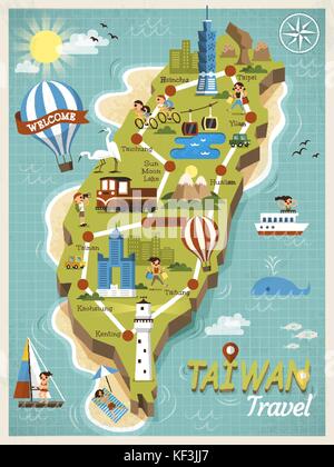 Taiwan Travel Concept Map, schöne Sehenswürdigkeiten in flachen Stil Stock Vektor