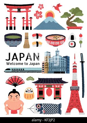 Schöne Japan kulturelle Symbol gesetzt, köstliche Gerichte und Wahrzeichen Sammlung auf weißem Hintergrund Stock Vektor