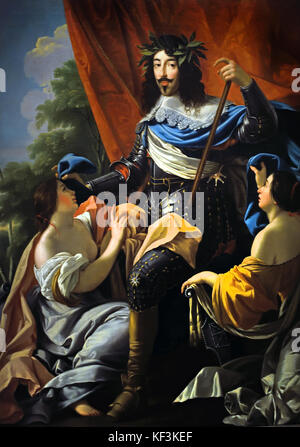 König Ludwig XIII entre les Zahlen de la France et de la Navarra - König Ludwig XIII zwischen den Zahlen von Frankreich und Navarra 1630 Simon Vouet Frankreich Französisch Stockfoto