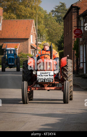 Mann, der Rote vintage BMC Traktor durch Dorf Bugthorpe auf Wolds Vintage Gruppe Straße laufen, eine jährliche Charity Event - Yorkshire, England, UK. Stockfoto