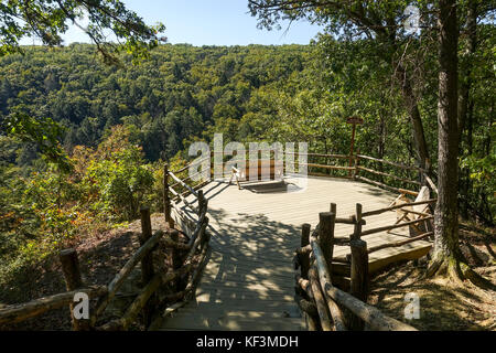 Bushkill Falls, Sitzbank mit Blick auf den poconos Wald, Pennsylvania Pocono Mountains, United States Stockfoto