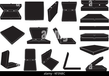 Satz von verschiedenen Pizzakartons isoliert auf weißem Stock Vektor